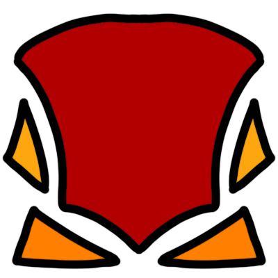 a red shape a bit like a shield or exclamation mark with four small orange triangles for emphasis around the bottom.